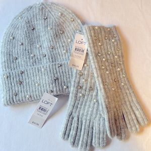 New Loft Pearlized Rhinestone Studded Beanie Hat and Gloves OS